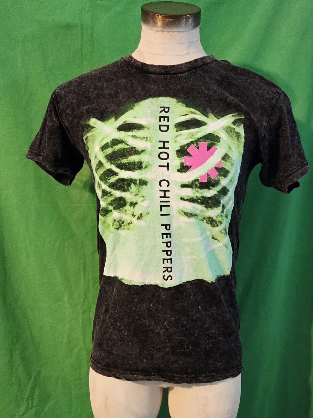 Red Hot Chili Peppers Acid Wash Graphic T-Shirt Grey Neon Green Ribs M